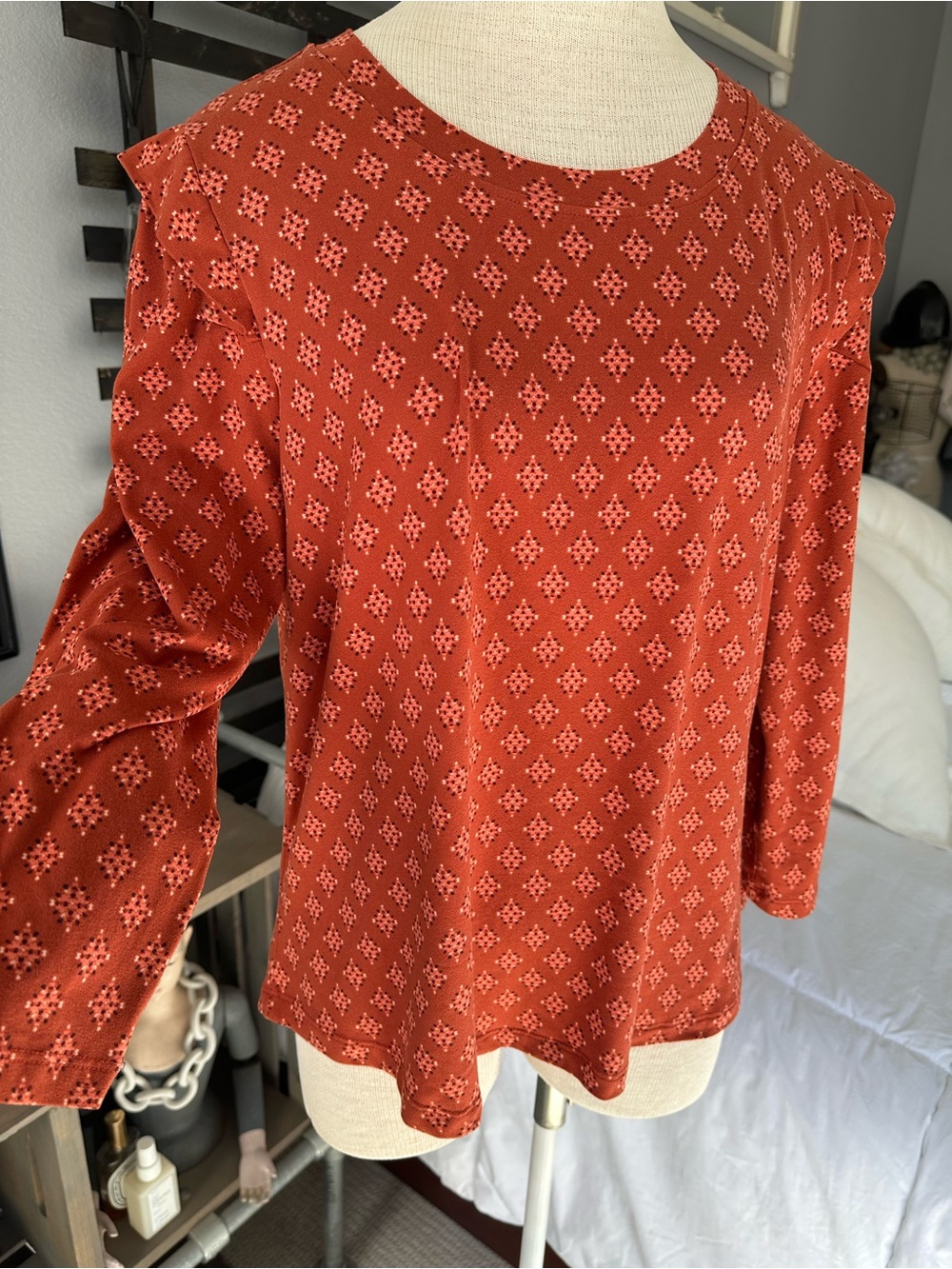 Democracy Rust Orange Geo Print Top, size large